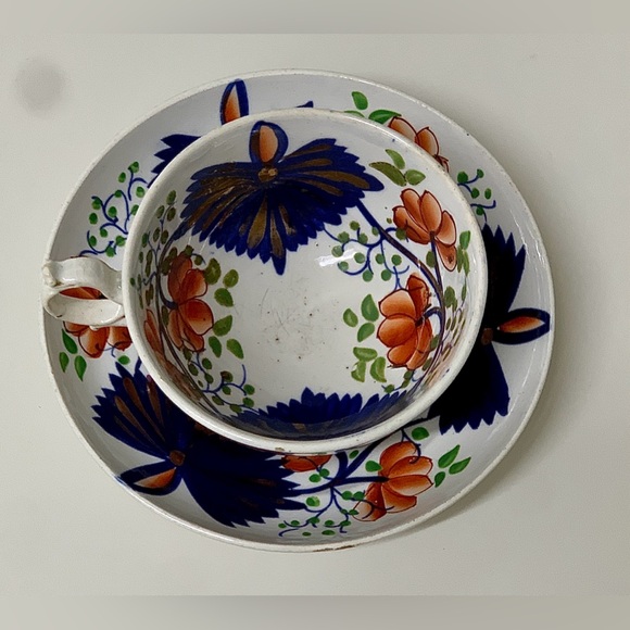 19th Century Antique Gaudy Welsh Butterfly Pattern Hand Painted Cup & Saucer Set - Picture 3 of 16